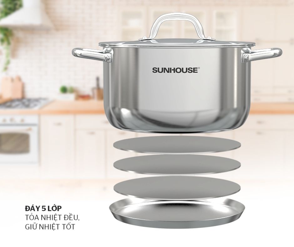 Bộ nồi chảo inox 5 đáy Sunhouse dẫn nhiệt đều khi nấu.