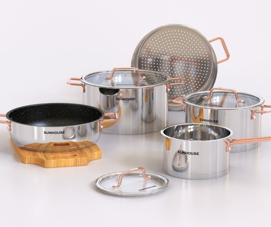 Bộ nồi chảo inox 5 đáy Sunhouse không bị gỉ sét.
