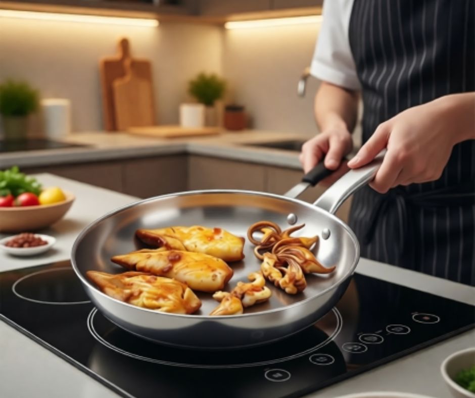 Nướng mực bằng chảo chống dính cho mùi vị thơm ngon.