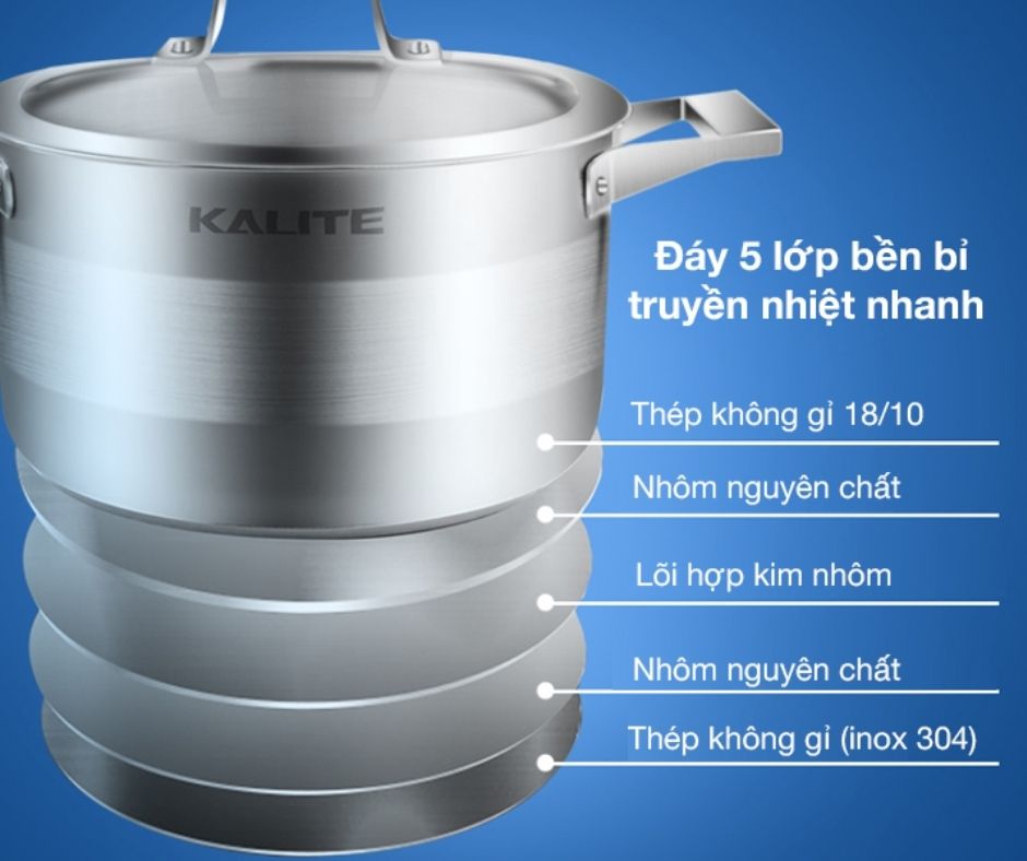 Bộ nồi chảo inox 5 đáy Kalite có nắp kính trong, dễ quan sát.